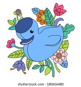 Vector illustration of cartoon blue duck with flower on white background