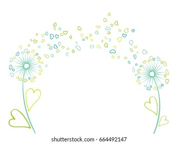 Vector illustration with cartoon blue and green dandelions on white background. Meadow plant with heart shaped feather fluff, leaves, petals flying. Summer floral graphic design print. Blossom couple.