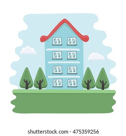 Vector illustration of cartoon blue house four-floor building, sky and cloud and fir