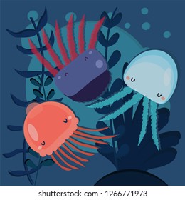 Vector illustration of cartoon blue, red and violet jellyfishes isolated on dark background.  Sea plants and aquatic marine algae. Paper effect. Vector with shadows