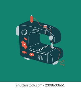 Vector illustration of a cartoon blue sewing machine on a green background decorated with flowers. Element for the design of postcards, banners of art and hobby shops. Scandinavian style.