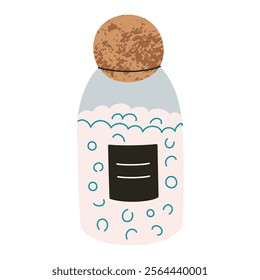 Vector illustration of cartoon bottle with bubbles and cork lid. Laundry product container. Modern flat design, ideal for bath, hygiene, and skincare themes. Minimalist and trendy storage organizing