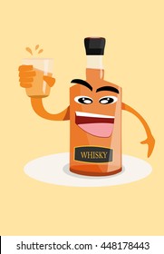 vector illustration cartoon of bottle holding up a glass of whisky alcohol