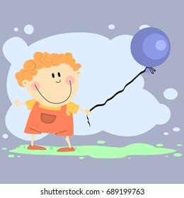 Vector illustration of a cartoon boy with a ball on the lawn