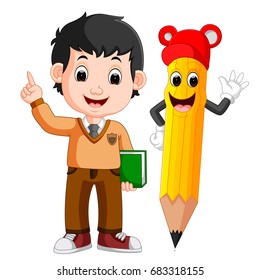 vector illustration of Cartoon boy with a big pencil