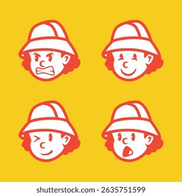 Vector illustration of a cartoon boy with bucket hat showing 4 emotional expressions: nervous, angry, shy, and annoyed. Great for UI, education, stickers, and character design