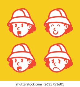 Vector illustration of a cartoon boy with bucket hat showing 4 emotional expressions: nervous, angry, shy, and annoyed. Great for UI, education, stickers, and character design