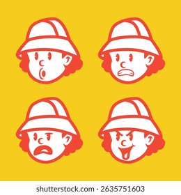 Vector illustration of a cartoon boy with bucket hat showing 4 emotional expressions: nervous, angry, shy, and annoyed. Great for UI, education, stickers, and character design