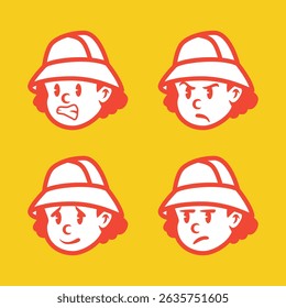 Vector illustration of a cartoon boy with bucket hat showing 4 emotional expressions: nervous, angry, shy, and annoyed. Great for UI, education, stickers, and character design
