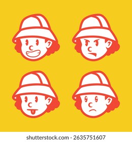 Vector illustration of a cartoon boy with bucket hat showing 4 emotional expressions: nervous, angry, shy, and annoyed. Great for UI, education, stickers, and character design