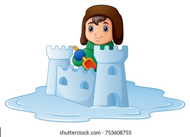 Dibujo vectorial de un niño caricaturista construyendo una fortaleza de nieve