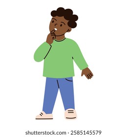 Vector illustration of cartoon boy in casual clothing, standing and thinking with curious expression. Flat and doodle style, child with confusion, hesitation, and decision making emotions
