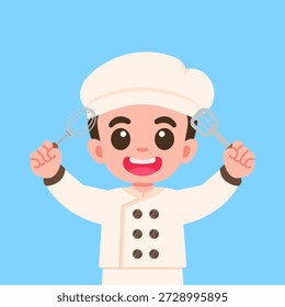 Vector illustration of cartoon boy a chef holding a whisk and spatula with a happy expression suitable for kids content