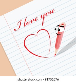 Vector illustration of cartoon boy crayon is writing declaration of love