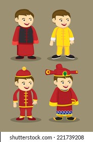 Vector illustration of cartoon boy in different traditional Chinese costume.