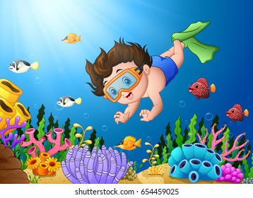 Vector illustration of Cartoon boy diving in the sea