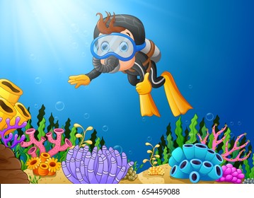 Vector illustration of Cartoon boy diving in the sea