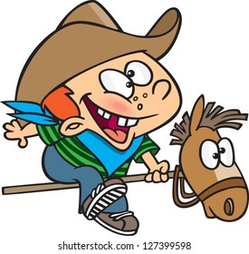 A vector illustration of cartoon boy dressed up as a cowboy riding a stick horse