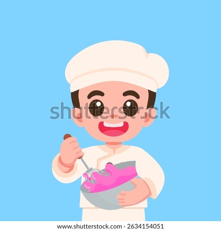 Vector illustration of a cartoon boy dressed as a chef, happily mixing pink dough in a bowl suitable for kids content