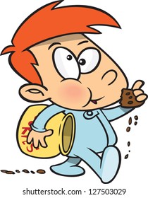 A Vector Illustration Of Cartoon Boy Eating Cookie From A Jar