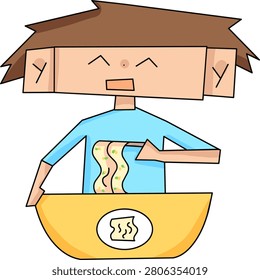 Vector illustration of a cartoon boy eating noodles representing food and dining concept