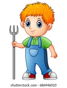 Vector illustration of Cartoon boy farmer holding rake