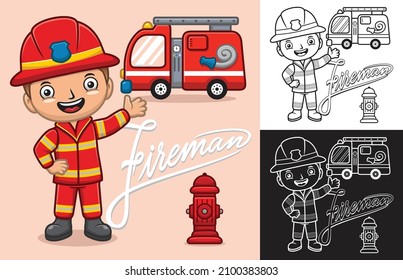 Vector illustration of cartoon boy in fireman uniform with firetruck and fire hydrant