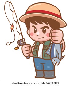 Vector illustration of Cartoon Boy fishing holding fish