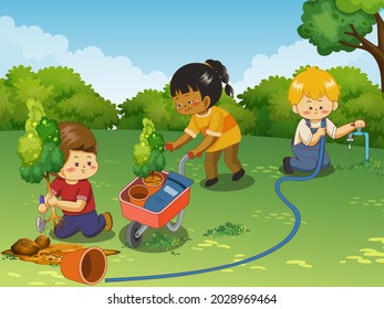 Vector illustration cartoon, of a  boy and girl doing gardening in the garden. 