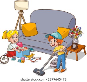 Vector illustration of Cartoon boy and girl cleaning the living room with vacuum cleaner