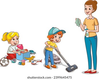 Vector illustration of Cartoon boy and girl cleaning the living room with vacuum cleaner