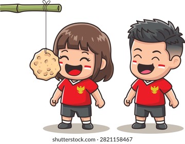 Vector illustration of cartoon boy and girl enjoying krupuk makan kerupuk race Indonesian independence day activity traditional food game cultural event participants smiling happy.