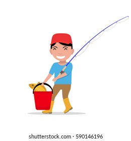 Vector illustration of a cartoon boy going with a fishing rod, a bucket and fish. 