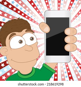 Vector illustration. Cartoon boy in green t-shirt holding a cool calling modern mobile phone with shining star background. Closeup.