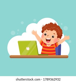 Vector illustration of a cartoon boy with his laptop expressing his success. Education concept.