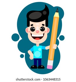 vector illustration of cartoon, boy holding pencil