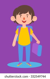 Vector illustration of a cartoon boy holding his lunch bag, ready to go to school.