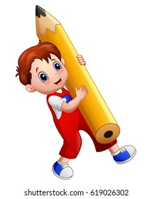 vector illustration of Cartoon boy holding a big pencil