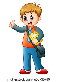 Vector illustration of Cartoon boy holding a book with waving hand