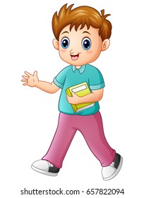 Vector illustration of Cartoon boy holding a book with waving hand