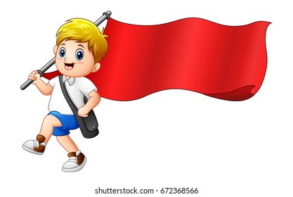 Vector illustration of Cartoon boy holding red flag