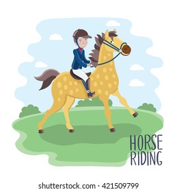 Vector illustration of cartoon boy jockey on a horse dressed jockey costume