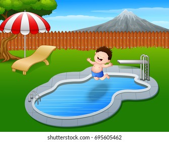 Vector illustration of Cartoon boy jumping in swimming pool