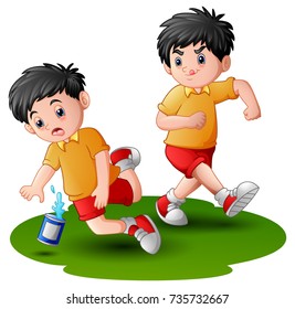 Vector illustration of Cartoon boy kicking others kid leg