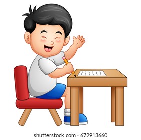 Vector illustration of Cartoon boy learning at table giving thumbs up