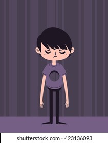 Vector illustration of a cartoon boy looking sad with a hole in his chest. An analogy to sadness, depression, mourning, bad feelings.