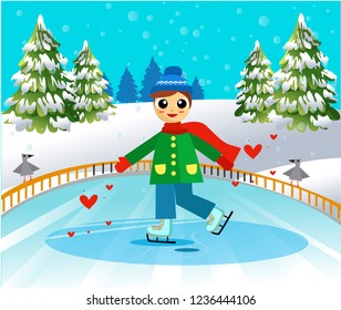 Vector illustration of cartoon boy on winter background. Boy ice skating skate. Cartoon character. Merry christmas