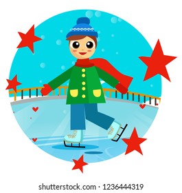 Vector illustration of cartoon boy on winter background. Boy ice skating skate. Cartoon character. Merry christmas