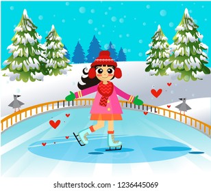 Vector illustration of cartoon boy on winter background. Girl ice skating skate. Cartoon character. Merry christmas