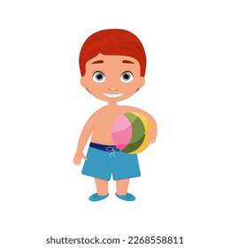 vector illustration of a cartoon boy on a beach holiday. illustrations on a white background. summer holidays and fun. a boy in swimming trunks and with a ball.